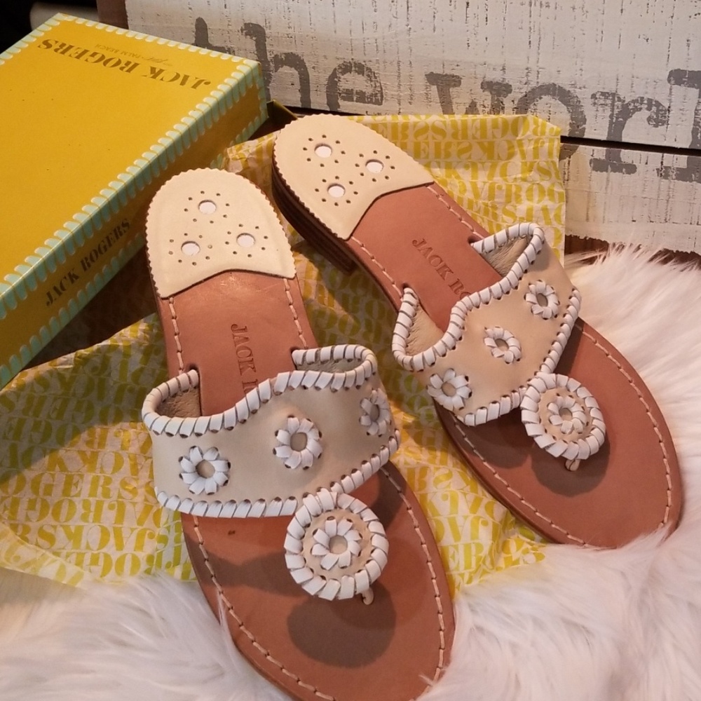 Jack Rogers Cream and White Sandals with Whipstitch Medallion